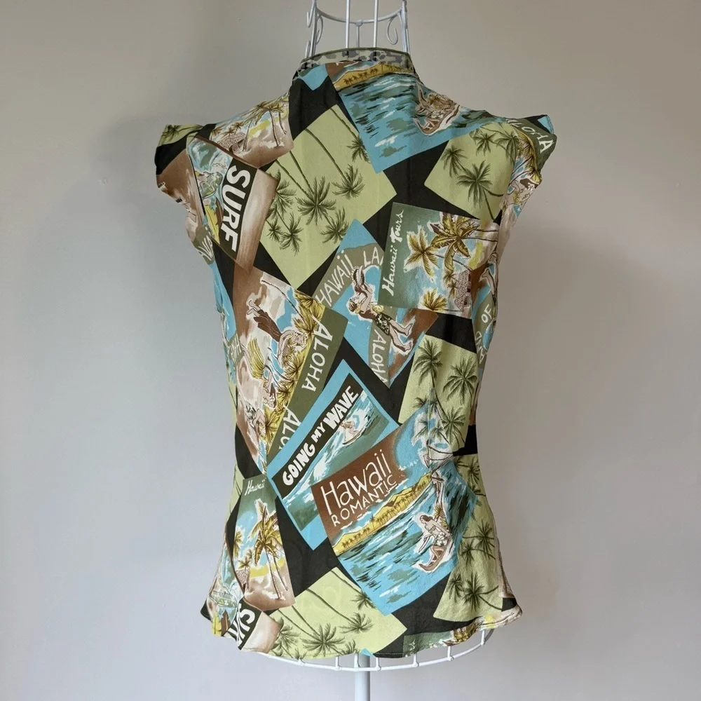 Sunny Leigh Silk Hawaiian Print Wrap Top Leopard Trim Sleeveless Size M v neck - Picture 4 of 6